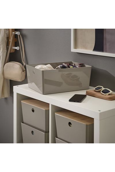 IKEA KUGGIS Box with Lid, Dark Grey-Beige/Bamboo, 26x35x15 cm – Stylish & Stackable Storage