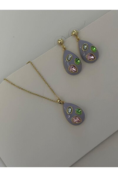 MyladyAccessoriess Porselen Ve Swaroski Taş Detaylı Damla Model Set Mor