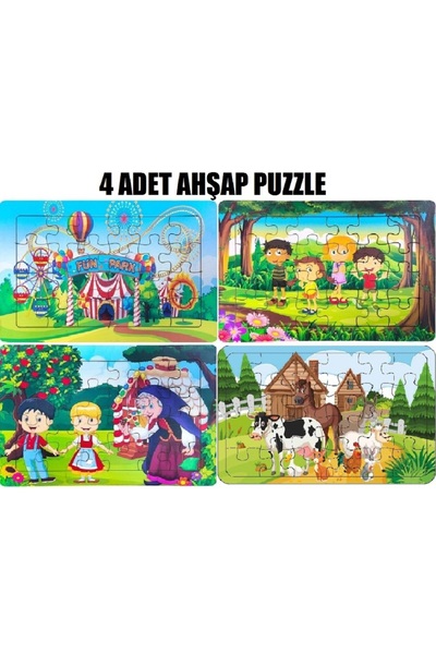 Ritoys Çocuklar Için Eğitici Ve Öğretici Ahşap 24 Parça Renkli Puzzle 4 Adet Set