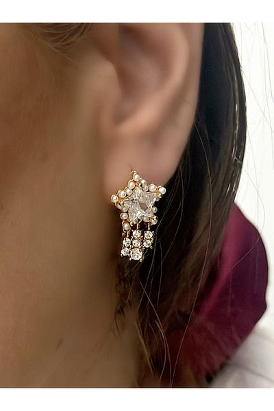 MyladyAccessoriess Special Series Zircon Stone Detailed Minimal Dangle Star Earrings Gold