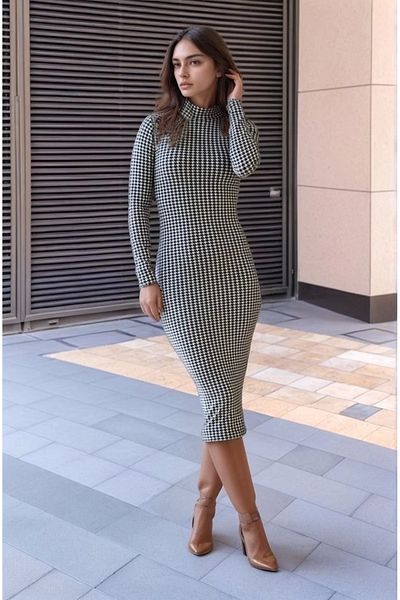 modamtn Femei Model Houndstooth Tesatura piele intoarsa Produs Oportunitate Rochie Midi Lungime