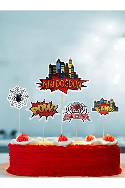 Parti Adresi Spiderman Temalı Kürdan Figürlü Cupcake Kürdanı Pasta Süsü 5'li