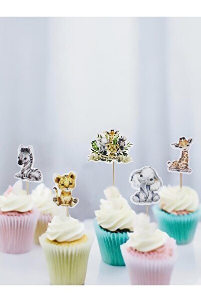 Parti Adresi Safari Temalı Kürdan Sevimli Hayvan Figürlü Pasta Süsü Cupcake K...