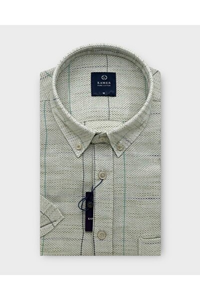KAMER Men Regular Fit Short Sleeve 100% Cotton Button Collar Single Pocket Green Shirt 9385Y