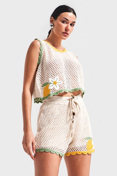 its basic Women's Beige Color Knitwear Knitted Fabric Embroidered Bottom Top Together Special Design Shorts Crop Set
