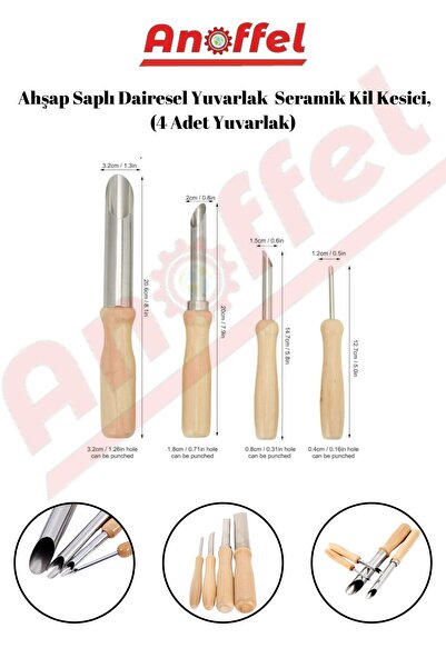 Anoffel Ahşap Saplı Yuvarlak Delik Seramik Kil Kesici, Sanat Kil için Oyma ve Delme Aracı (4 Adet Yuvarlak)