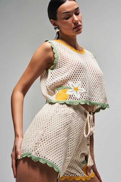 its basic Women's Beige Color Knitwear Knitted Fabric Embroidered Bottom Top Together Special Design Shorts Crop Set