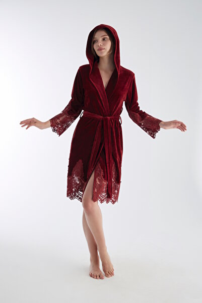 Nuşa Dantelli Kısa Kapüşonlu Niki Kadife Bambu Cotton Sabahlık