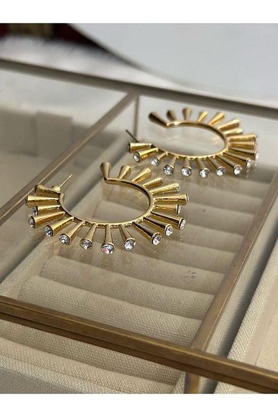 MyladyAccessoriess Special Series Bar Plate Ends Stone Detailed Hoop Earrings Silver