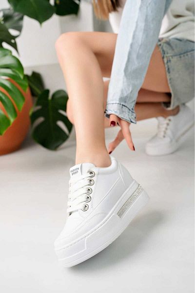 BAHRİNA Pantofi sport albi cu talpă înaltă, cu toc ascuns, cu detalii de piatră (8 cm cu toc)