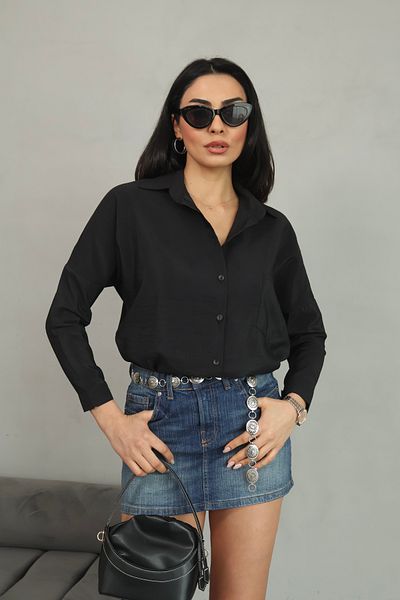 LE CARAMBOLE Cămașă neagră oversize pentru femei, cu mâneci trei sferturi