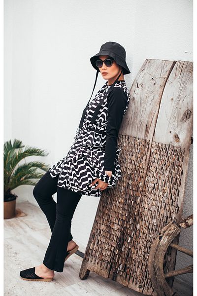 MASSMİZO Vera Noir Women's Short Patterned Zippered Full Covered Hijab Swimsuit Set of 3