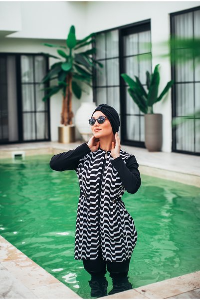 MASSMİZO Vera Noir Women's Short Patterned Zippered Full Covered Hijab Swimsuit Set of 3