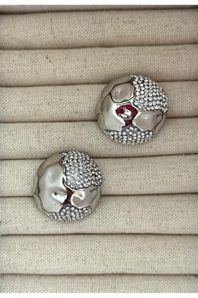 MyladyAccessoriess Zirkon Taş Ve Dövme Plaka Detay Küpe (Pirinç Kaplama) Gümüş