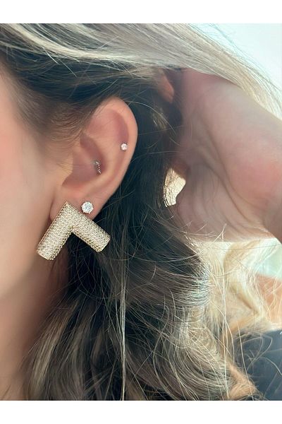 MyladyAccessoriess V Cut Earrings with Zircon Stone Detail - Steel and Silver