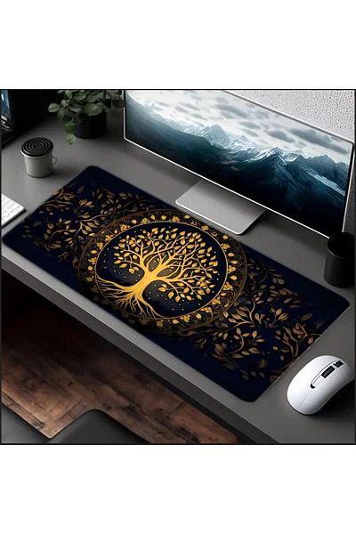 sgeteknoloji 70X30 cm Golden Tree of Life Themed Non-Slip Base Speed Surface Gamer Mouse Pad Gaming