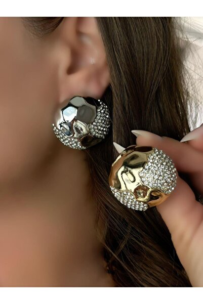 MyladyAccessoriess Zirkon Taş Ve Dövme Plaka Detay Küpe (Pirinç Kaplama) Gümüş