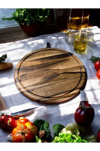 F&S WoodArt Walnut Wood 28 cm Corrugated Round Rustic Natural Wood Channel Pizza Presentation Chopping Cutting Board