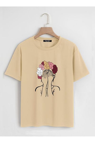 SOFTWAY Unisex Oversize Crew Neck - Δυναμικό έγχρωμο μπλουζάκι με στάμπα με βασικό μπεζ