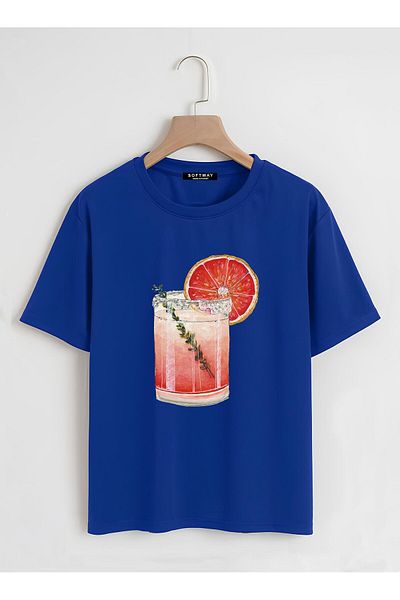 SOFTWAY Unisex Organic Oversize Πορτοκαλί Κοκτέιλ Μπλουζάκι Basic με στάμπα - Saks Blue