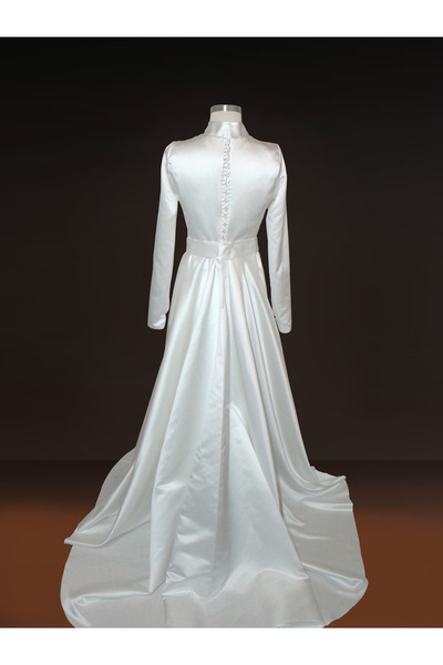 ASL Yakası Üç Boyutlu Çiçek Detaylı Kloş Kesim Tesettür Gelinlik