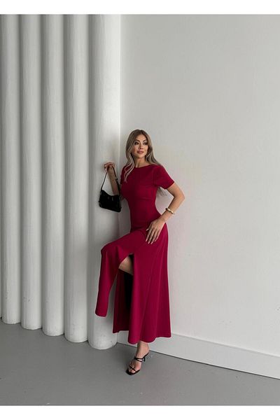 BUKETLİ Women's Crew Neck Lycra Slit Detail Open Back Combed Cotton Flared Dress