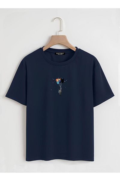 SOFTWAY Unisex Organik Oversize Balloon Astronaut Baskılı Basic T-shirt - μπλε ναυτικό