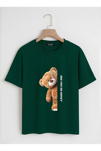 SOFTWAY Unisex Organik Oversize Are You Ok Honey Baskılı Basic T-shirt - Κίτρινο Πράσινο