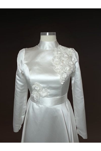 ASL Flared Cut Hijab Wedding Dress with Three Dimensional Flower Detail on the Collar