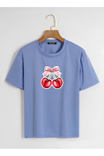 SOFTWAY Unisex Οργανικό Oversize Ribbon Cherry Εκτυπωμένο Basic T-shirt - Μπλε