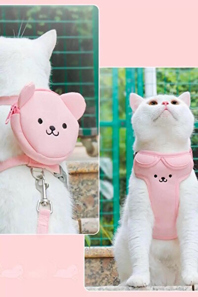 CAŞ DEKORASYON Pink Color Teddy Bear Figured Bag Detailed Waist Chest Adjustable Cat/Dog Leash