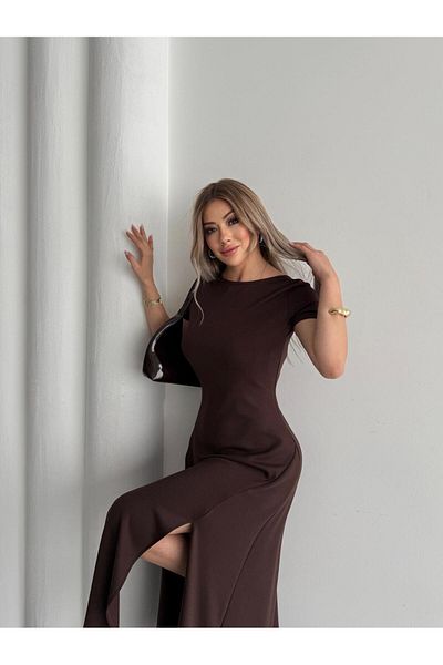 BUKETLİ Women's Crew Neck Lycra Slit Detail Open Back Combed Cotton Flared Dress