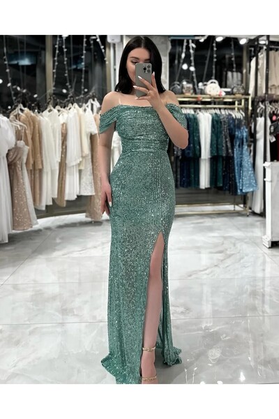 zoezoe ,Andrea Arkası Bağlamalı Detaylı Degaje Yaka Uzun Boy Payet Önü Yırtmaçlı Abiye Elbise Hijap