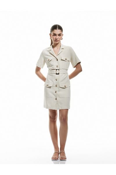 Koton New Season Pocket Short Sleeve Viscose Linen Blended Double Breasted Belted Shirt Dress