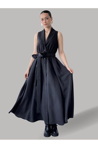 Retrobird Rochie neagră de damă - Maria Design cu nasturi în față