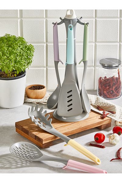 Mapple Home 6-Piece Ladle Spoon Set - Spatula Colander Pasta Spoon - Serving with Stand 220 Degree