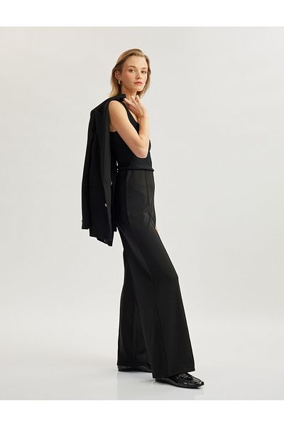 Koton New Season High Waist Ribbed Detailed Wide Leg Trousers