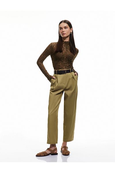 Koton New Season Pocketed Pleated Cotton Carrot Cut Poplin Fabric Trousers