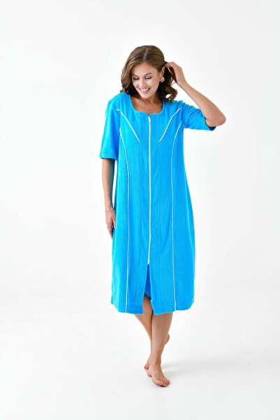 MAMAYAGA Kadın Yarım Kısa Kol Fermuarlı U Yaka Rahat Kalıp Büyük Beden Curve Ev Plaj Midi Havlu Elbise