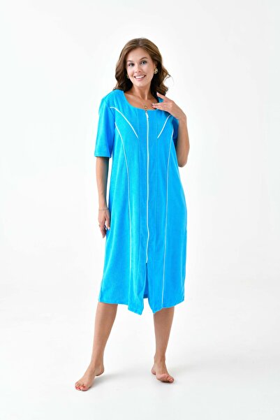 MAMAYAGA Kadın Yarım Kısa Kol Fermuarlı U Yaka Rahat Kalıp Büyük Beden Curve Ev Plaj Midi Havlu Elbise