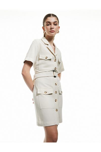 Koton New Season Pocket Short Sleeve Viscose Linen Blended Double Breasted Belted Shirt Dress