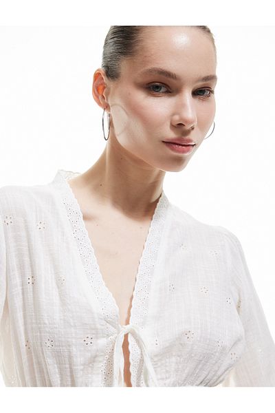 Koton New Season Embroidered V-Neck Lace Detailed Long Sleeve Viscose Blended Blouse