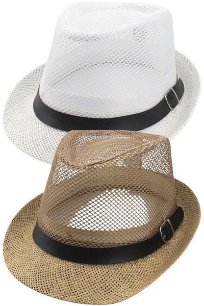 Uniquetrenders Unisex Σετ 2 δικτυωτών καλοκαιρινών ψάθινων αγκράφες με λεπτομέρεια Fedora Trilby καπέλο