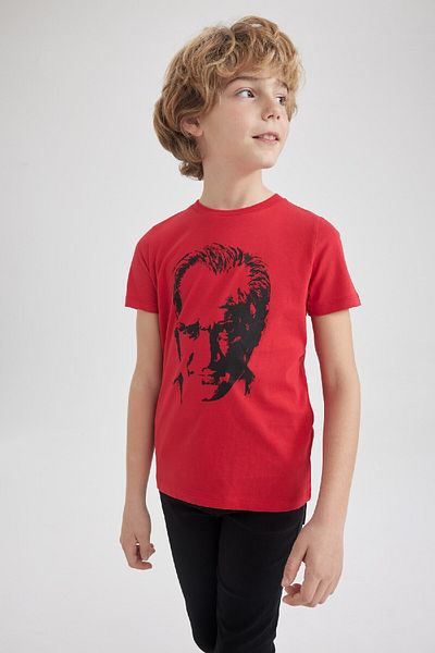 DeFacto Boy's Crew Neck Ataturk Printed Cotton Combed Short Sleeve Red T-Shirt W9131A623Sm