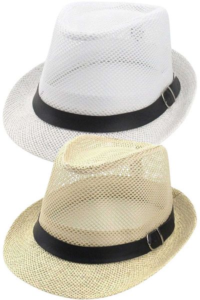 Uniquetrenders Unisex Σετ 2 δικτυωτών καλοκαιρινών ψάθινων αγκράφες με λεπτομέρεια Fedora Trilby καπέλο