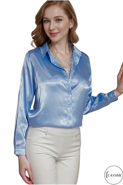 Cassime Cămașă de damă din satin albastru baby - Design clasic cu nasturi