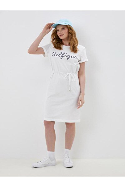Tommy Hilfiger Regular Rope Puff Print Knee Kadın Beyaz Elbise
