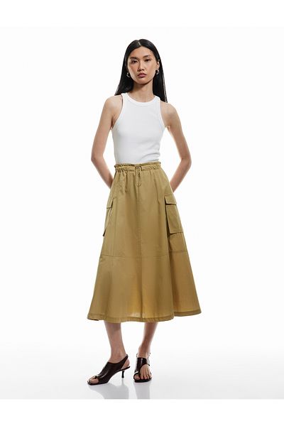 Koton New Season Cotton Cargo Pocket Poplin Long Flared Skirt