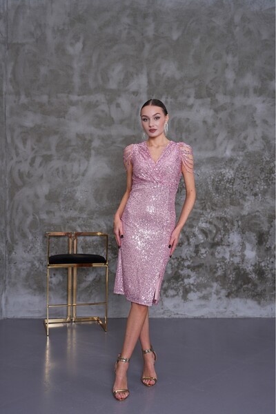 zoezoe Pul Payetli Midi Kalem Abiye Elbise Kruvaze Yakalı Kolsuz Önden Yırtmaçlı hijap