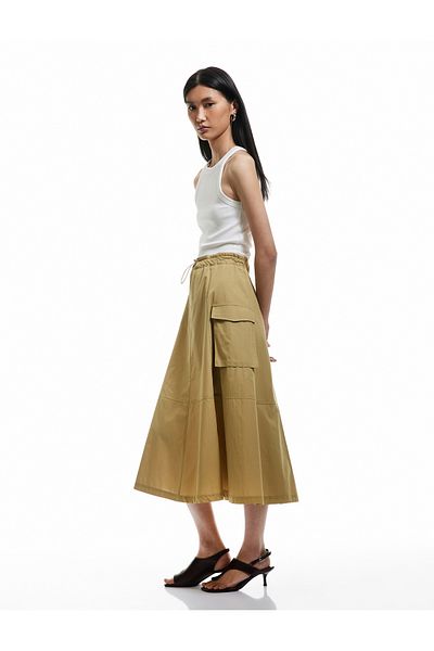 Koton New Season Cotton Cargo Pocket Poplin Long Flared Skirt